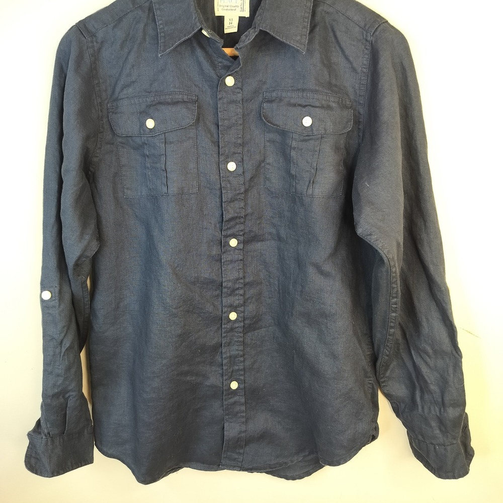 The Children's Place Linen Button Down Shirt Kids Boys XL 14 Tab Sleeve Navy - Picture 3 of 9